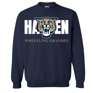Navy crewneck sweatshirt with Hayden lettering, a wildcat graphic, and Wrestling Grandpa text