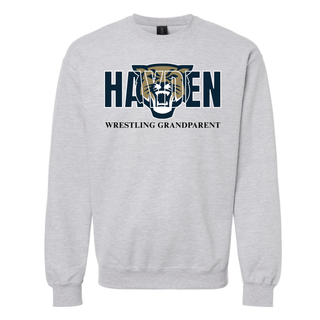 Hayden Wildcats wrestling grandparent design on a light gray crewneck sweatshirt, with a tiger head over HAYDEN and WRESTLING GRANDPARENT below.