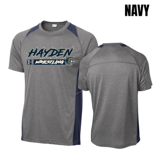 Hayden Wildcats Wrestling H Bar Logo Colorblock Contender Tee in grey heather with navy colorblock panels, front and back, with Hayden script lettering, H badge, and Wrestling bar