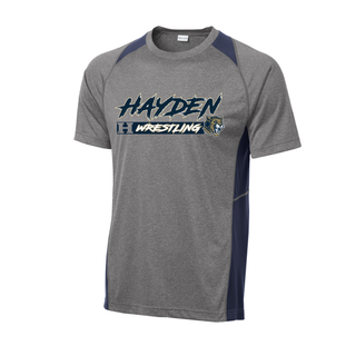 Hayden Wildcats Wrestling H Bar Logo Colorblock Contender Tee in grey heather with navy colorblock panels and navy and gold Hayden script lettering, H badge, and Wrestling bar