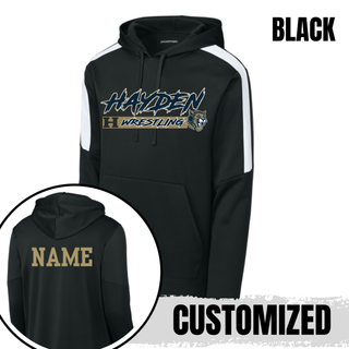 Hayden Wildcats Wrestling H Bar Logo Colorblock Pullover Hoodie in black with white shoulder panel, front flat lay with back NAME personalization inset
