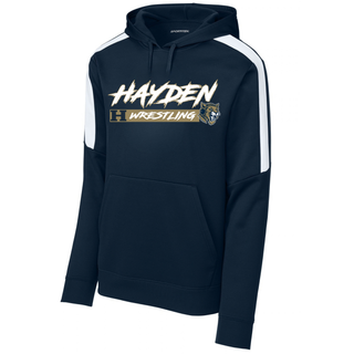 Hayden Wildcats Wrestling H Bar Logo Colorblock Pullover Hoodie in navy with white shoulder panel, front flat lay
