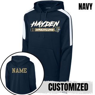 Hayden Wildcats Wrestling H Bar Logo Colorblock Pullover Hoodie in navy with white shoulder panel, front flat lay with back NAME personalization inset