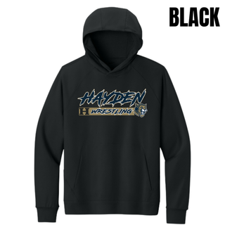 Hayden Wildcats Wrestling H Bar Logo Men's Dri-FIT Primary Hoodie in black with navy and gold Hayden script lettering, H badge, and Wrestling bar