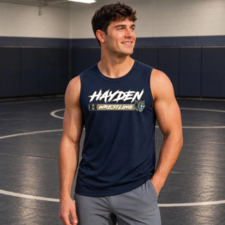 Hayden Wildcats Wrestling H Bar Logo Men's PosiCharge Competitor Tank in true navy, on model