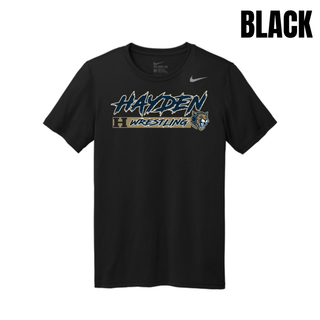 Hayden Wildcats Wrestling H Bar Logo men's rLegend tee in black with navy and gold Hayden script lettering, H badge, and Wrestling bar