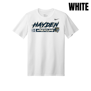 Hayden Wildcats Wrestling H Bar Logo men's rLegend tee in white with navy and gold Hayden script lettering, H badge, and Wrestling bar