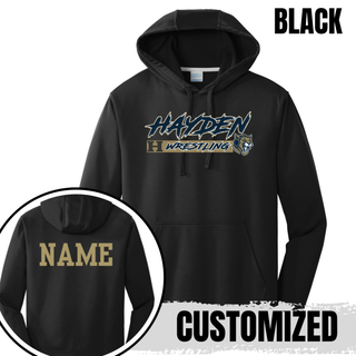 Hayden Wildcats Wrestling H Bar Logo Performance Hoodie in black, front flat lay with inset showing the customizable NAME on the back
