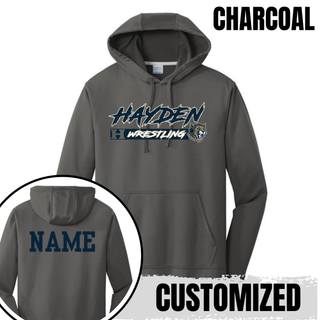 Hayden Wildcats Wrestling H Bar Logo Performance Hoodie in charcoal, front flat lay with inset showing the customizable NAME on the back