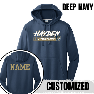 Hayden Wildcats Wrestling H Bar Logo Performance Hoodie in deep navy, front flat lay with inset showing the customizable NAME on the back