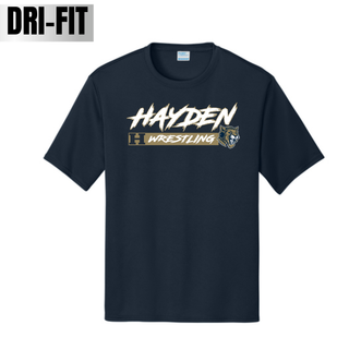 Hayden Wildcats Wrestling H Bar Logo Dri-FIT performance tee in deep navy, front flat lay