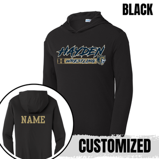 Hayden Wildcats Wrestling H Bar Logo PosiCharge Hooded Pullover in black, front flat lay with back NAME personalization inset