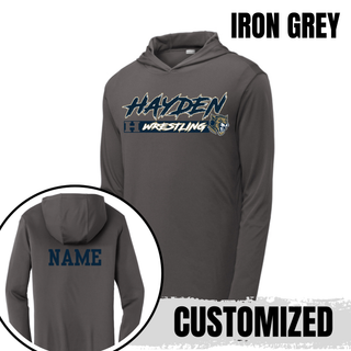 Hayden Wildcats Wrestling H Bar Logo PosiCharge Hooded Pullover in iron grey, front flat lay with back NAME personalization inset