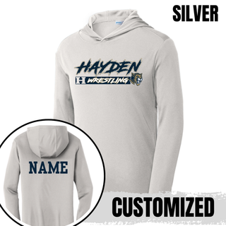 Hayden Wildcats Wrestling H Bar Logo PosiCharge Hooded Pullover in silver, front flat lay with back NAME personalization inset