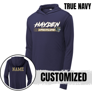 Hayden Wildcats Wrestling H Bar Logo PosiCharge Hooded Pullover in true navy, front flat lay with back NAME personalization inset
