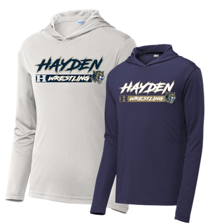 Hayden Wildcats Wrestling H Bar Logo PosiCharge Hooded Pullover in white and true navy, front flat lay pair