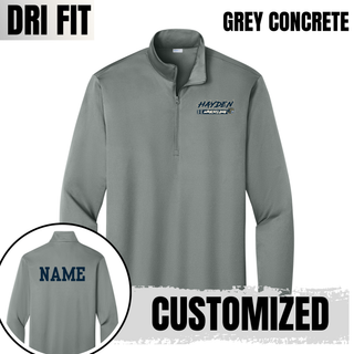 Hayden Wildcats Wrestling H Bar Logo PosiCharge Quarter-Zip in grey concrete, front flat lay with back NAME personalization inset