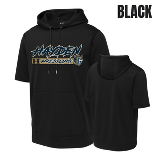 Hayden Wildcats Wrestling H Bar Logo short sleeve hooded pullover in black, front and back, with navy and gold Hayden script lettering, H badge, and Wrestling bar