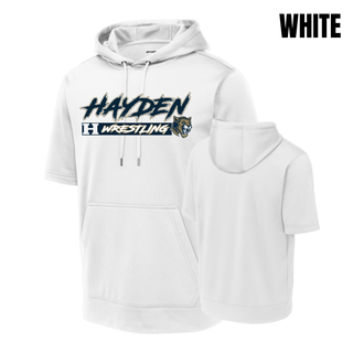 Hayden Wildcats Wrestling H Bar Logo short sleeve hooded pullover in white, front and back, with navy and gold Hayden script lettering, H badge, and Wrestling bar