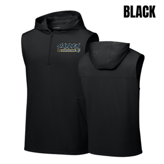 Hayden Wildcats Wrestling H Bar Logo sleeveless hooded quarter-zip in black, front and back, with navy and gold Hayden script lettering, H badge, and Wrestling bar