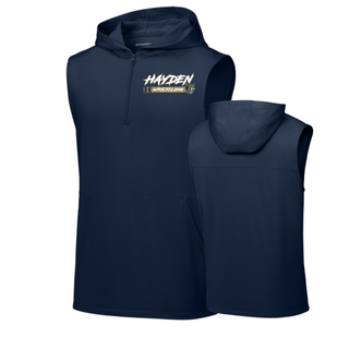 Hayden Wildcats Wrestling H Bar Logo sleeveless hooded quarter-zip in true navy, front and back, with white and gold Hayden script lettering, H badge, and Wrestling bar
