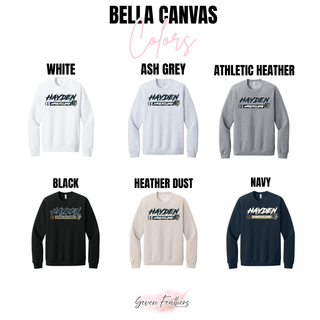Hayden Wildcats Wrestling H Bar Logo Bella Canvas color chart showing White, Ash Grey, Athletic Heather, Black, Heather Dust, and Navy crewneck sweatshirts with the graphic