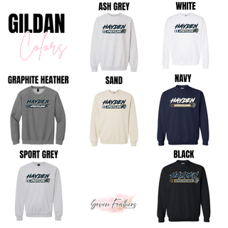 Hayden Wildcats Wrestling H Bar Logo Gildan color chart showing Ash Grey, White, Graphite Heather, Sand, Navy, Sport Grey, and Black crewneck sweatshirts with the graphic