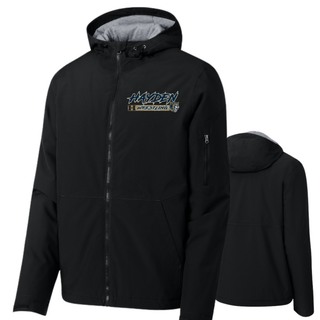 Hayden Wildcats Wrestling H Bar Logo Waterproof Insulated Jacket in black, front and back flat lay