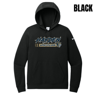 Hayden Wildcats Wrestling H Bar Logo Women's Club Fleece Pullover Hoodie in black with navy and gold Hayden script lettering, H badge, and Wrestling bar