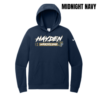 Hayden Wildcats Wrestling H Bar Logo Women's Club Fleece Pullover Hoodie in midnight navy with white and gold Hayden script lettering, H badge, and Wrestling bar