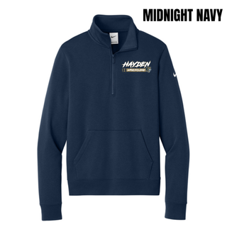 Hayden Wildcats Wrestling H Bar Logo Women's Fleece Half-Zip in midnight navy with white and gold Hayden script lettering, H badge, and Wrestling bar