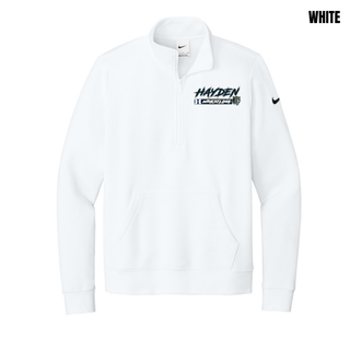 Hayden Wildcats Wrestling H Bar Logo Women's Fleece Half-Zip in white with navy and gold Hayden script lettering, H badge, and Wrestling bar