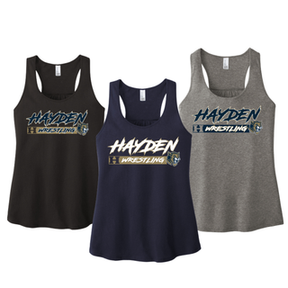 Hayden Wildcats Wrestling H Bar Logo Women's Racerback Tank in black, navy, and grey frost, group flat lay