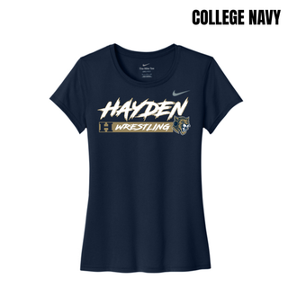 Hayden Wildcats Wrestling H Bar Logo women's rLegend tee in college navy with white and gold Hayden script lettering, H badge, and Wrestling bar