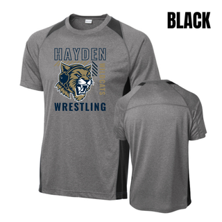 Black Sport-Tek Colorblock Contender tee with grey heather body and the Hayden Wildcats Wrestling Headgear Logo on the front, plus back view