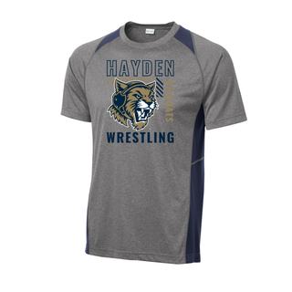 Grey heather Sport-Tek Colorblock Contender tee with navy colorblock panels and the Hayden Wildcats Wrestling Headgear Logo: outlined Hayden lettering, growling wildcat head wearing a headgear strap, vertical Wildcats lettering, and Wrestling lettering