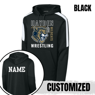 Hayden Wildcats Wrestling Headgear Logo Fan Favorite Pullover Hoodie in black, front view with customizable back name personalization