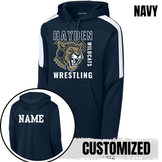 Hayden Wildcats Wrestling Headgear Logo Fan Favorite Pullover Hoodie in navy, front view with customizable back name personalization