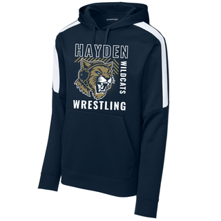 Hayden Wildcats Wrestling Headgear Logo Fan Favorite Pullover Hoodie in navy with white shoulder panel, front graphic detail