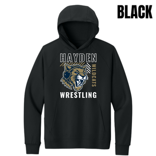 Black Nike Dri-FIT Primary Hoodie with the Hayden Wildcats Wrestling Headgear Logo, featuring outlined Hayden lettering, a striped bar, and a growling wildcat head with headgear strap