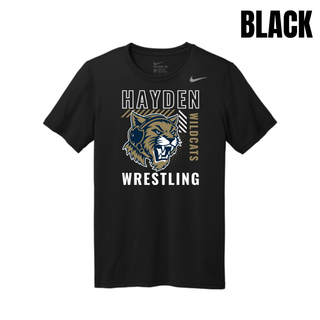 Black Nike men's rLegend tee with the Hayden Wildcats Wrestling Headgear Logo: outlined Hayden lettering, growling wildcat head wearing a headgear strap, vertical Wildcats lettering, and Wrestling lettering