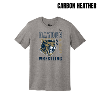 Carbon Heather Nike men's rLegend tee with the Hayden Wildcats Wrestling Headgear Logo: outlined Hayden lettering, growling wildcat head wearing a headgear strap, vertical Wildcats lettering, and Wrestling lettering