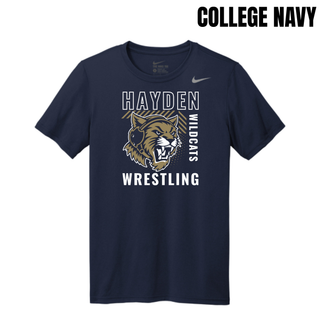 College Navy Nike men's rLegend tee with the Hayden Wildcats Wrestling Headgear Logo: outlined Hayden lettering, growling wildcat head wearing a headgear strap, vertical Wildcats lettering, and Wrestling lettering