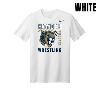 White Nike men's rLegend tee with the Hayden Wildcats Wrestling Headgear Logo: outlined Hayden lettering, growling wildcat head wearing a headgear strap, vertical Wildcats lettering, and Wrestling lettering