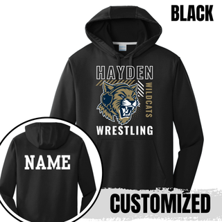 Hayden Wildcats Wrestling Headgear Logo Performance Hoodie in Black, front view with back name personalization detail