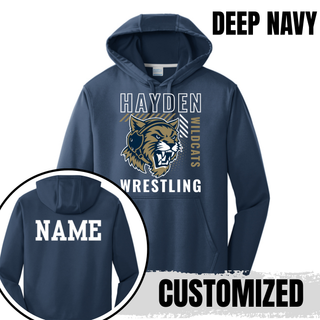 Hayden Wildcats Wrestling Headgear Logo Performance Hoodie in Deep Navy, front view with back name personalization detail