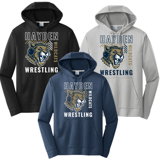 Hayden Wildcats Wrestling Headgear Logo Performance Hoodie in Black, Silver, and Deep Navy, front view