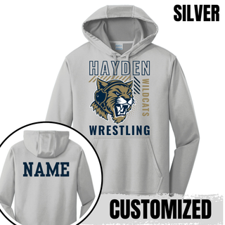 Hayden Wildcats Wrestling Headgear Logo Performance Hoodie in Silver, front view with back name personalization detail