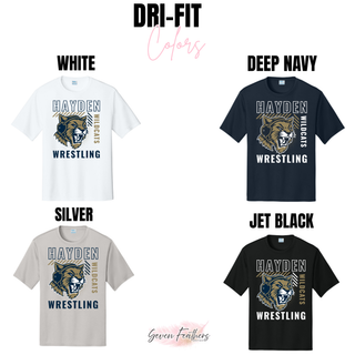Hayden Wildcats Wrestling Headgear Logo Dri-Fit performance tee color chart: White, Deep Navy, Silver, and Jet Black with wildcat head and striped bar graphic