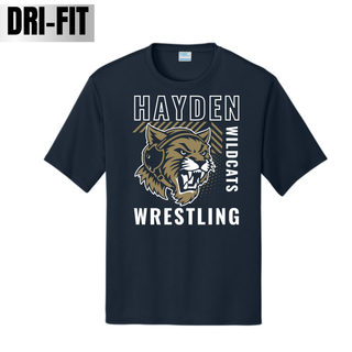 Hayden Wildcats Wrestling Headgear Logo Dri-Fit performance tee in deep navy, with white outlined Hayden lettering, a diagonal gold and navy striped bar, a gold wildcat head, vertical Wildcats lettering, and bold Wrestling text